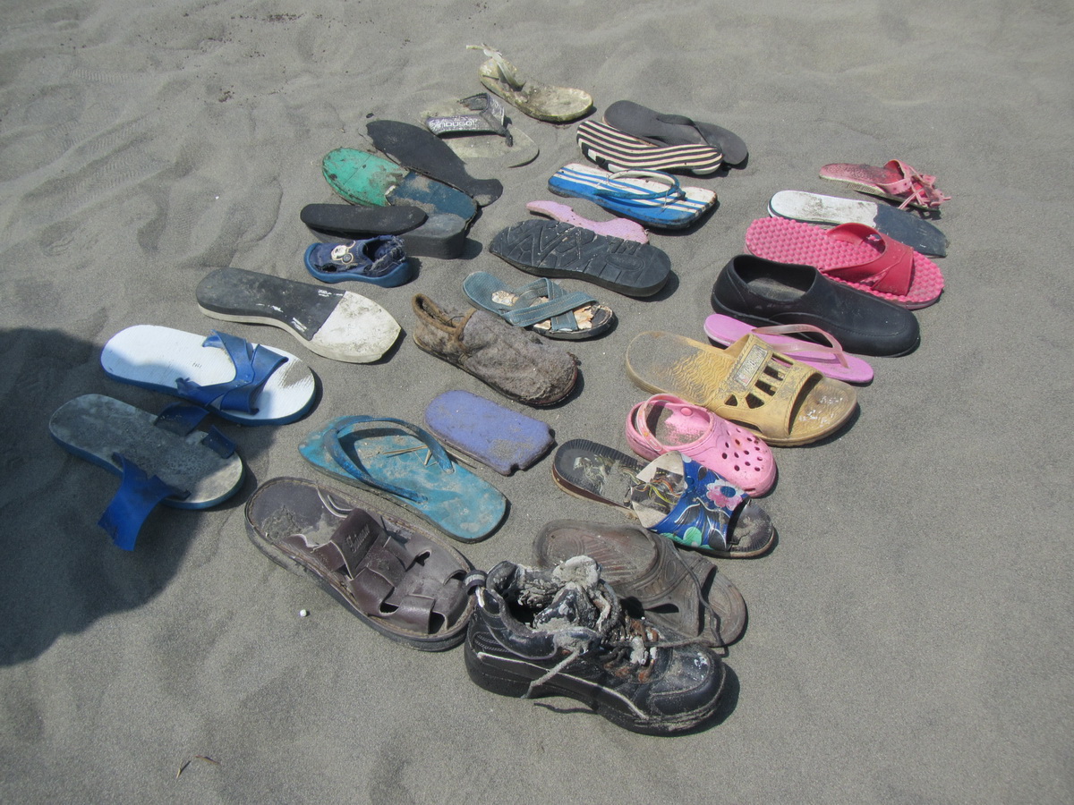 民眾在沙洲上遊憩時所留下的鞋子