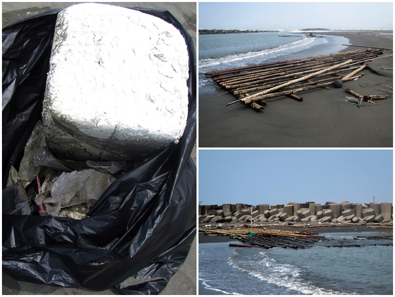 巨大保麗龍與廢棄蚵棚架散落的海岸廢棄物